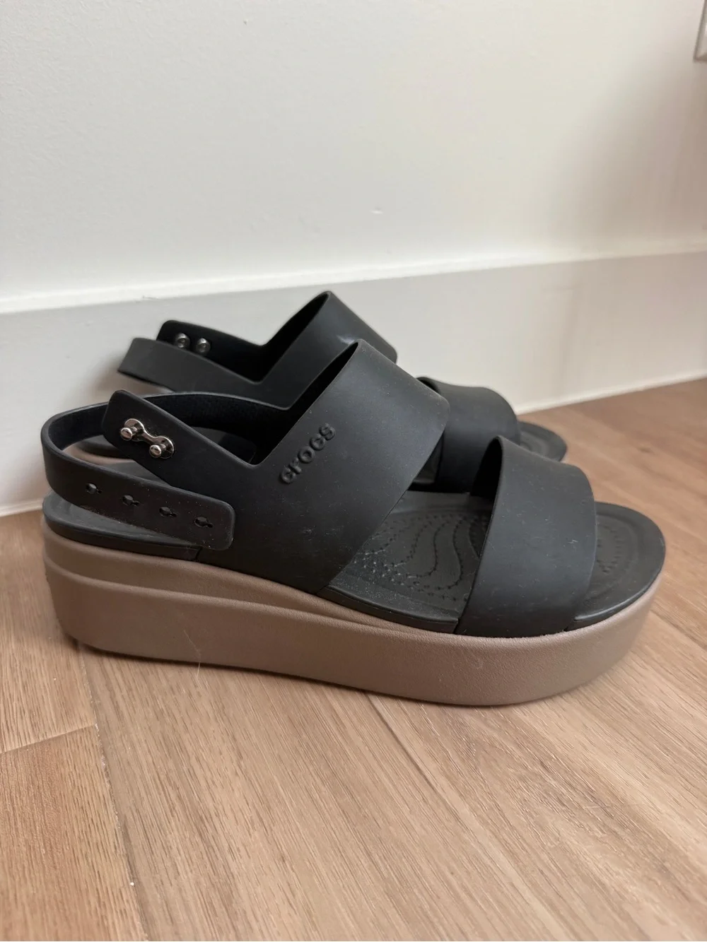 CROCS Black Upper with Tan Platform Women's Platform Slingbacks